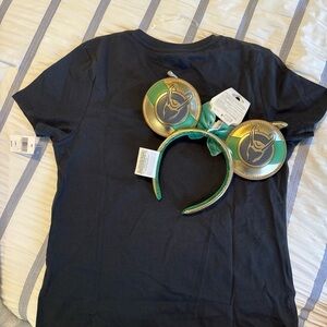 NWT Women’s/Juniors Loki Sz XS Black t shirt & Gold and Green Mickey Ears Marvel
